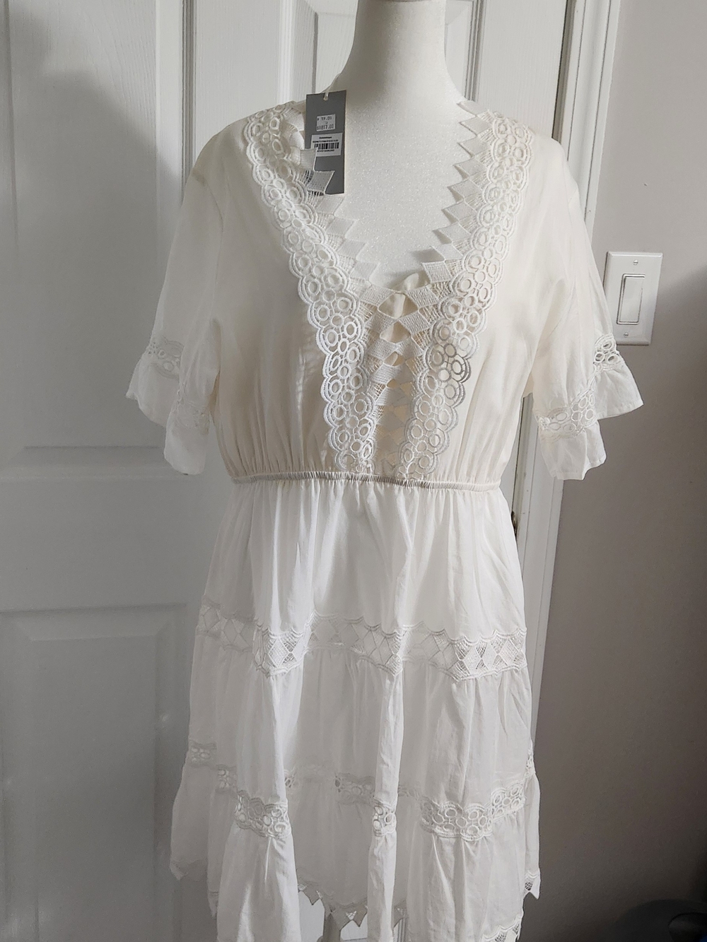 Resort Beach Dress. Women's Cream Lace-Trim Tiered Dress